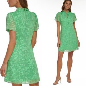 Bright Green Ditzy Floral Dress Women 14 Ruffle Sleeves & Neck w/ Tie Tulip Slee